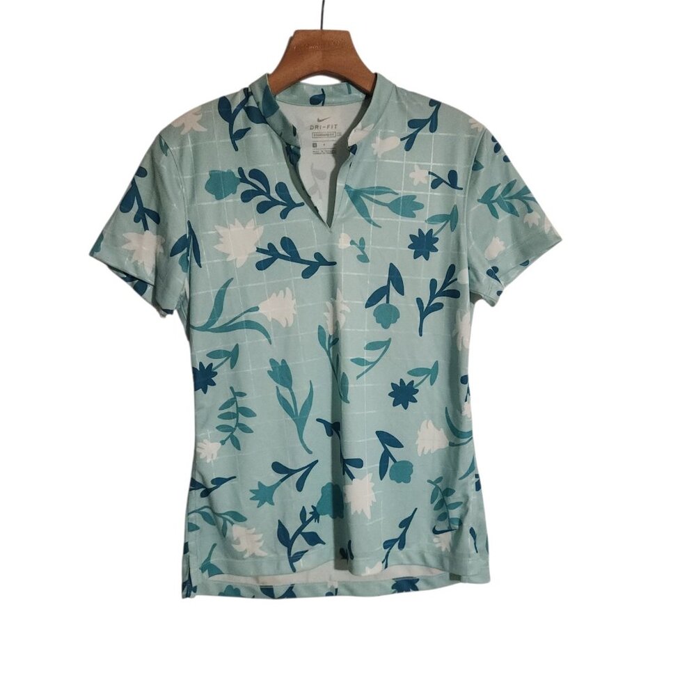 Nike Dri-Fit Polo Shirt Floral Golf Tennis Pickleball Open V-Neck Blue Small